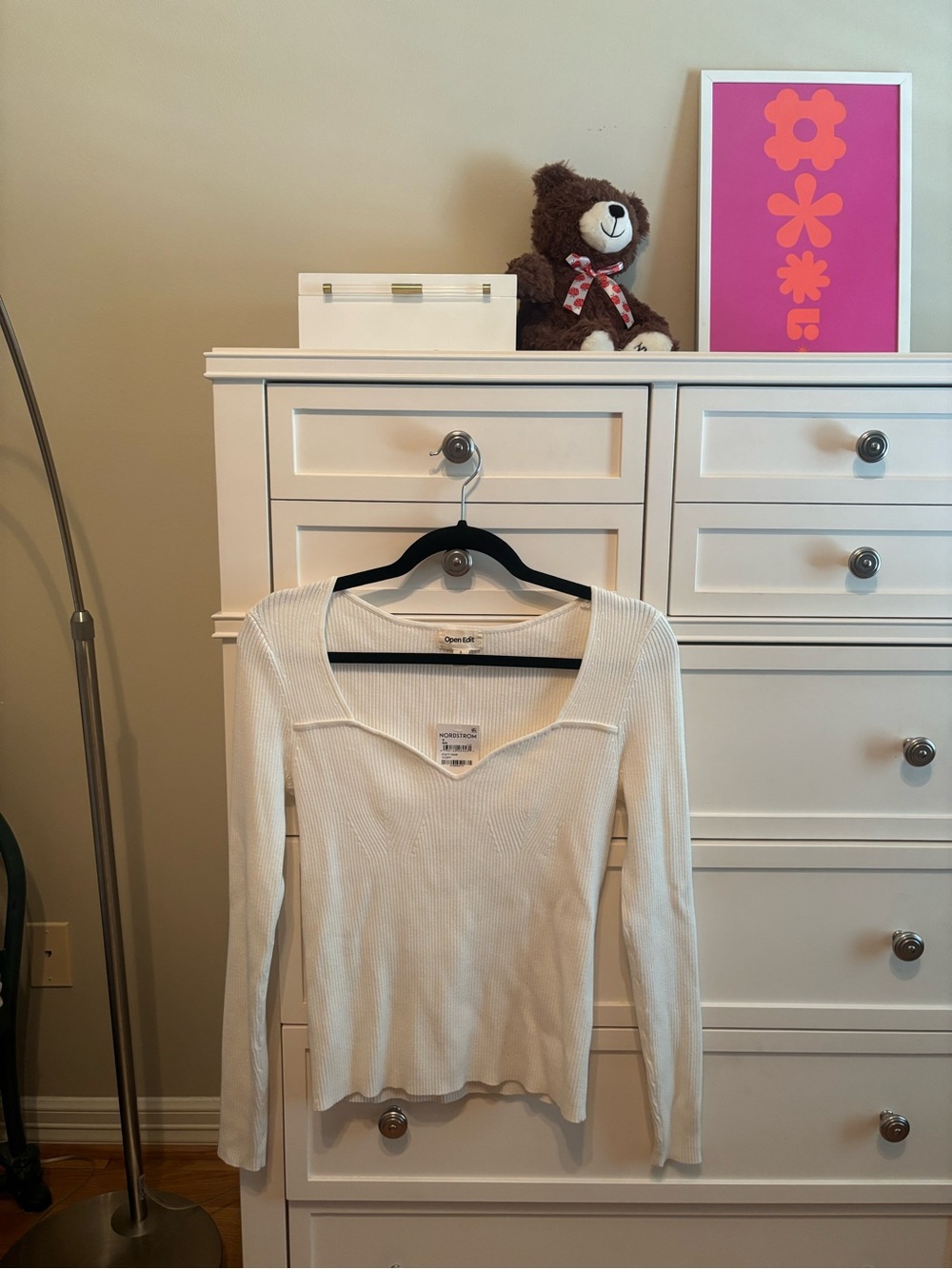 Nordstrom Cream Ribbed Long-Sleeve Square Neck Top